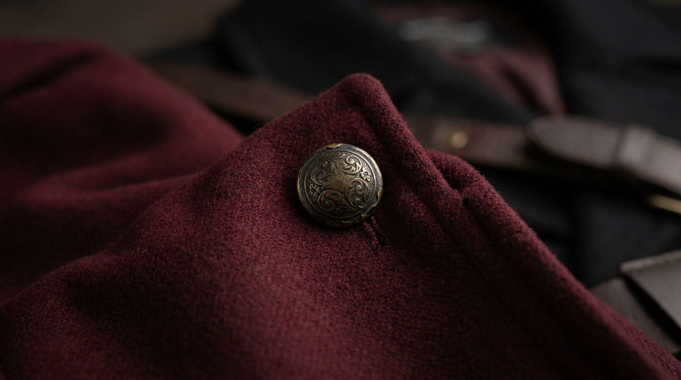 premium garment hardware application scene, This premium garment hardware application scene shows a round metal button installed on dark red fabric.